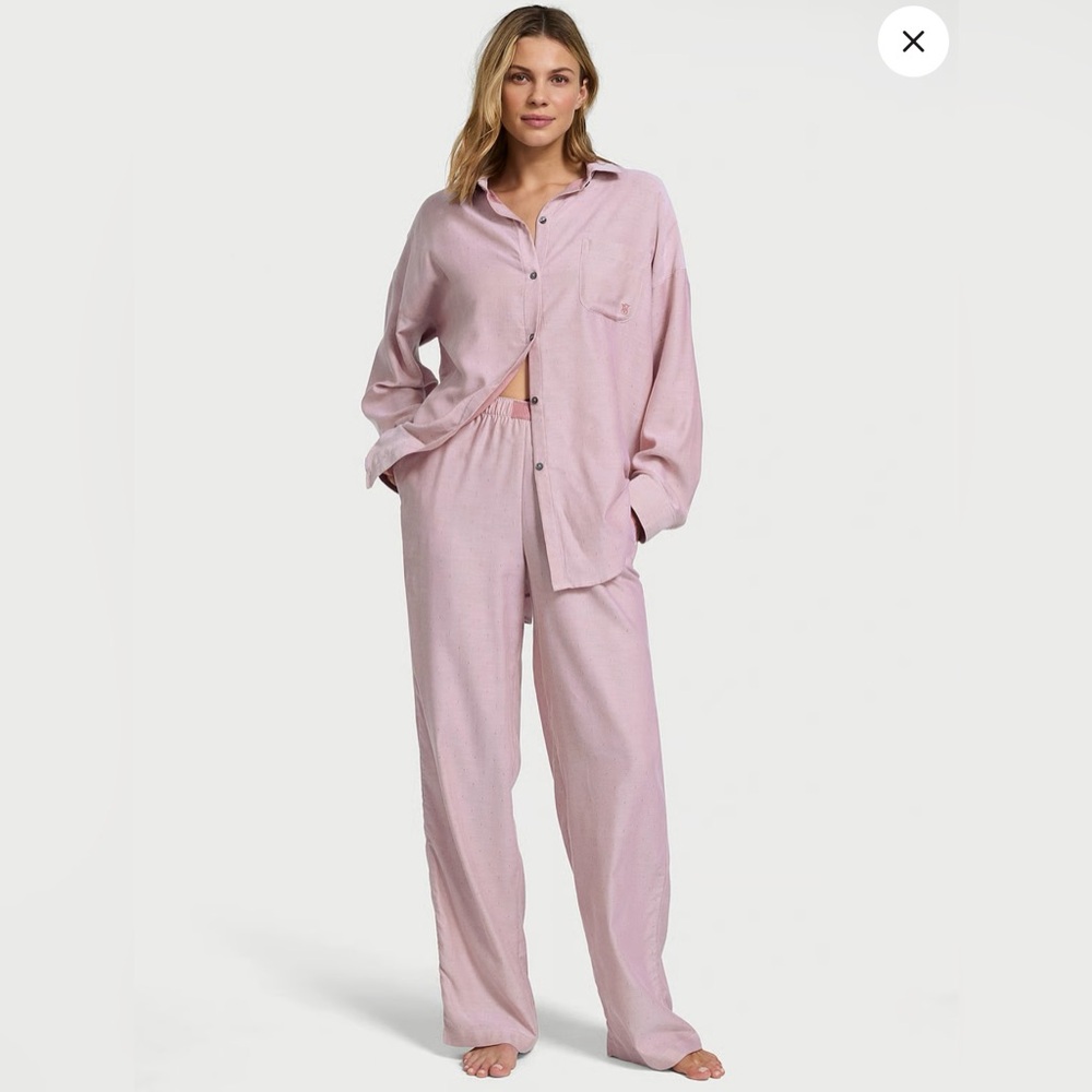 NWT Victoria’s Secret Modal-Cotton Button Long Pajama Set Rose Herringbone M